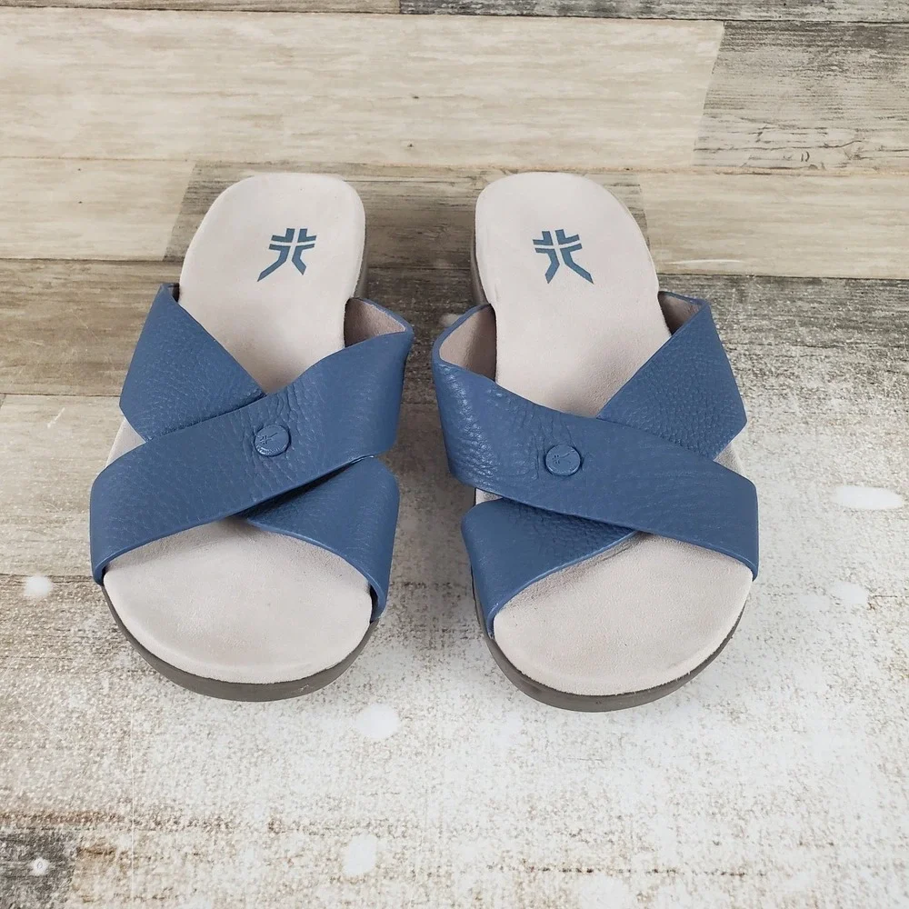 Kuru Breeze Womens Slide Sandal Sz 8 W Mineral Blue Faded Brown Slip On Open Toe